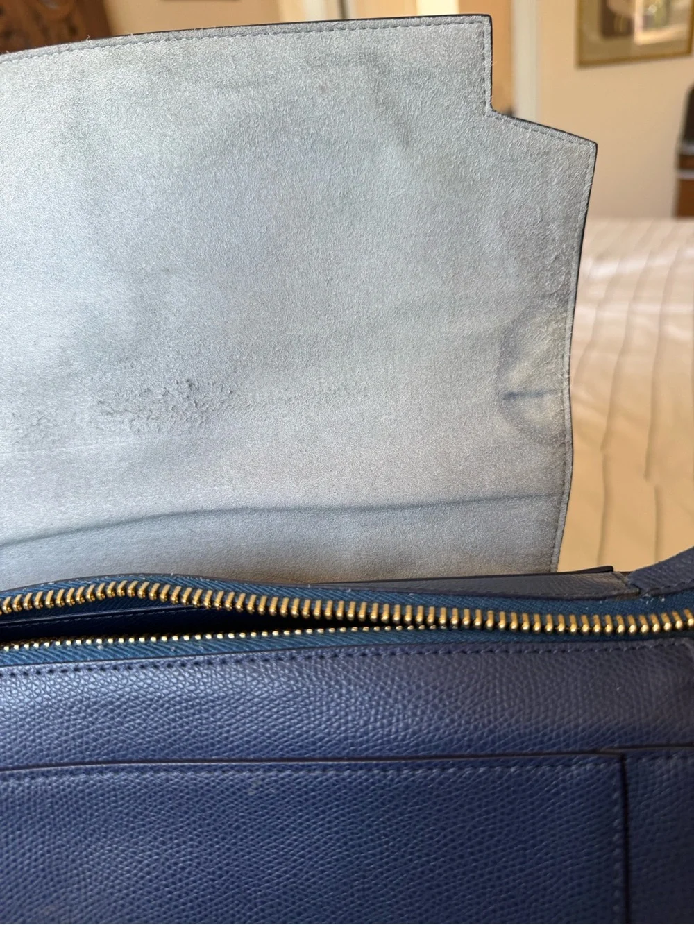 Senreve Maestra Large Navy Leather Handbag with Gold Accents